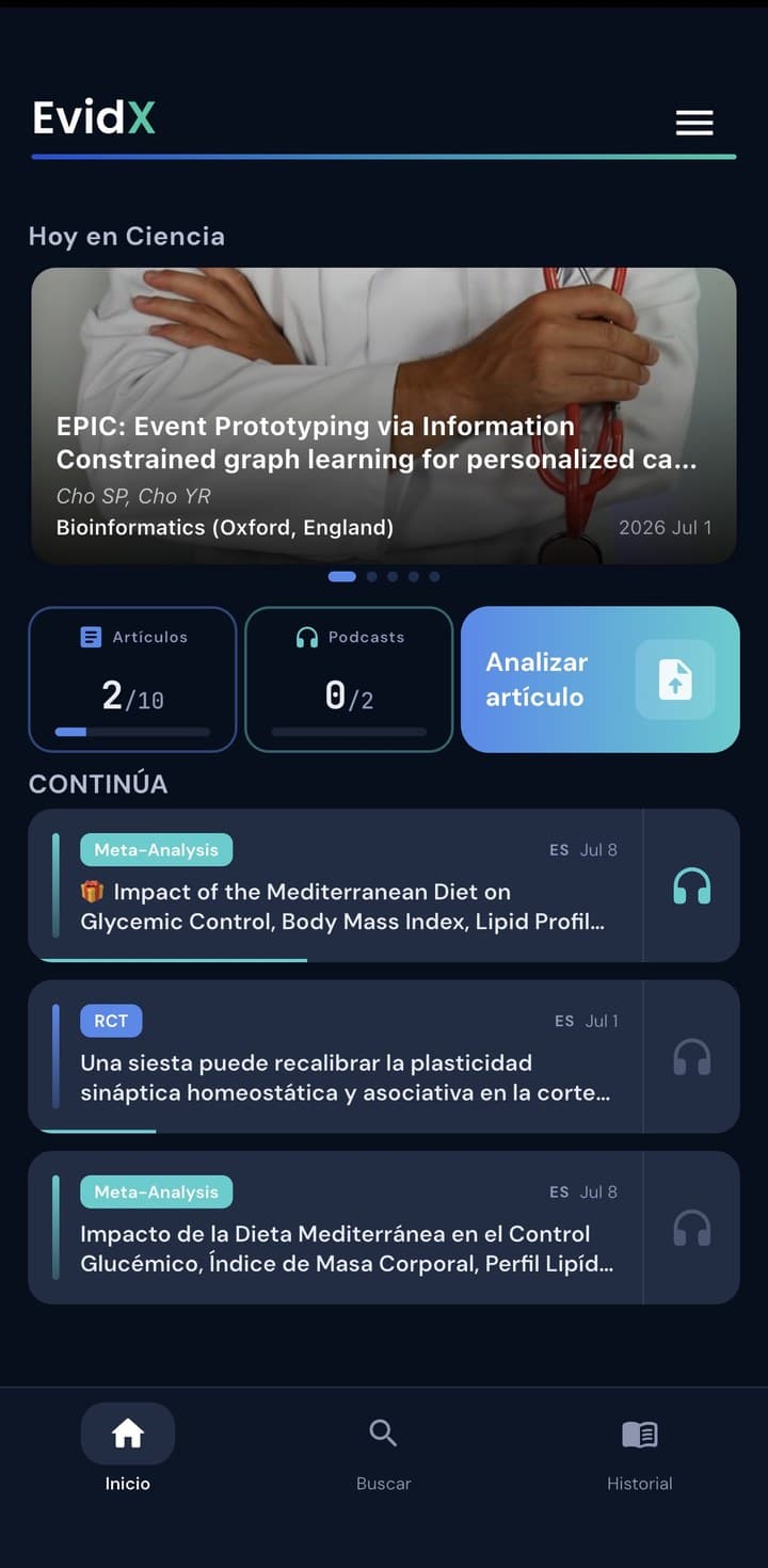 Pantalla de inicio de EvidX
